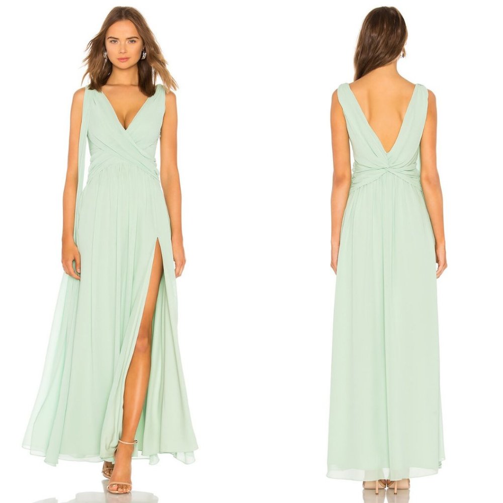 MAJORELLE Gertrude Gown Mint Green Maxi V-neck Crossed Corset Women Size 2XS